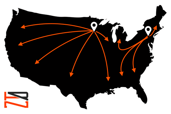 Map of the USA, location markers at the PRN shipping locations